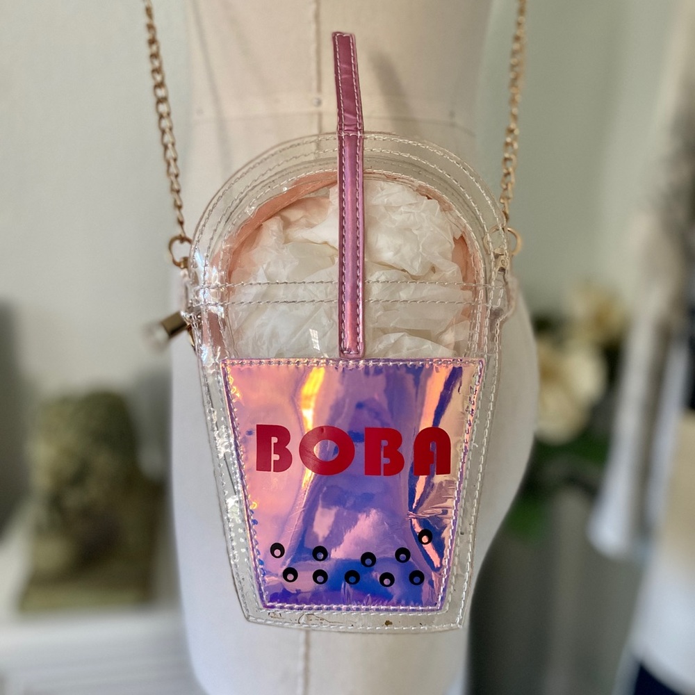 Vinyl Transparent and Iridescent Boba Cross Body Bag with Gold Chain - CUTE!